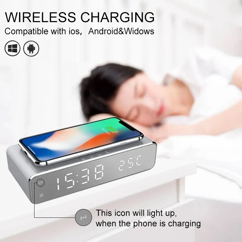 Wireless Charger Time Alarm Clock LED Digital Thermometer Earphone Phone Chargers Fast Charging Dock Station