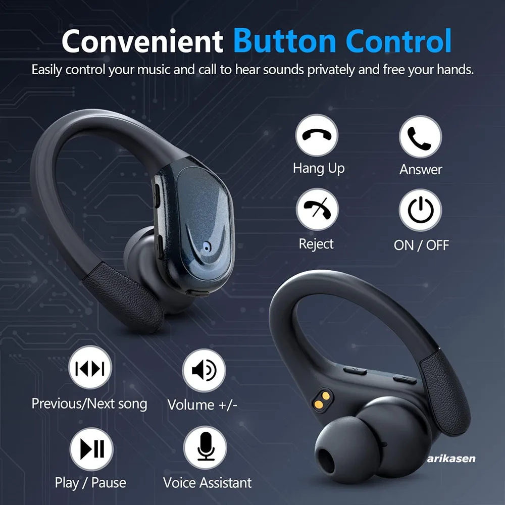 Wireless Earbuds Sport Bluetooth 5.3 Headphones with Noise Cancelling Mic 75H HiFi Stereo Over Ear Bud LED Display