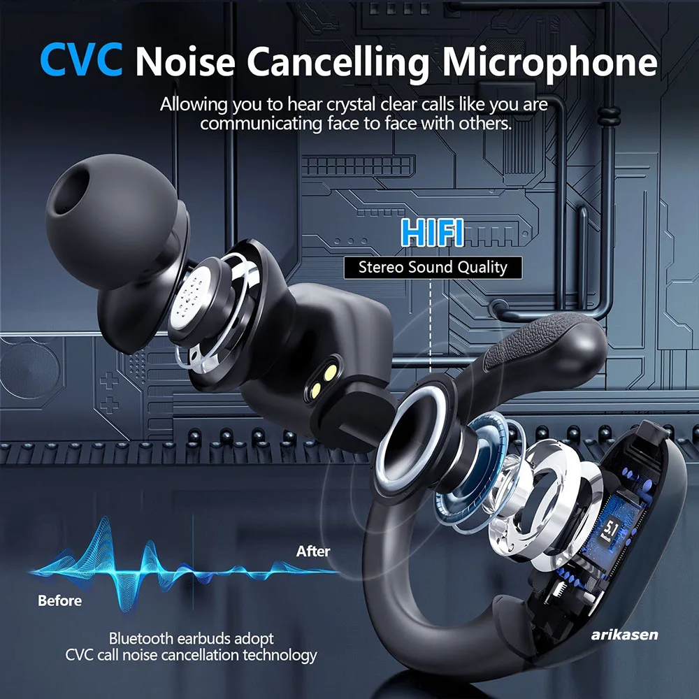 Wireless Earbuds Sport Bluetooth 5.3 Headphones with Noise Cancelling Mic 75H HiFi Stereo Over Ear Bud LED Display