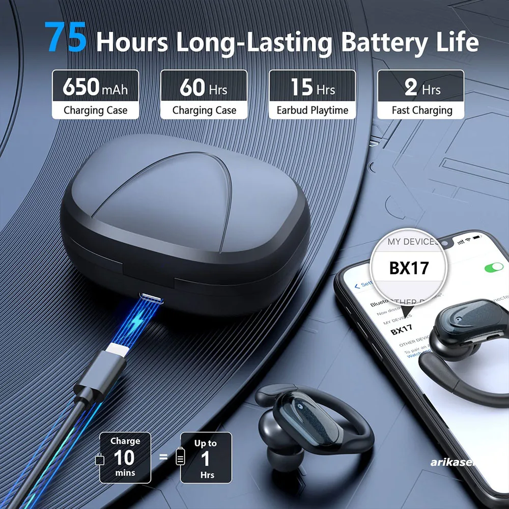 Wireless Earbuds Sport Bluetooth 5.3 Headphones with Noise Cancelling Mic 75H HiFi Stereo Over Ear Bud LED Display