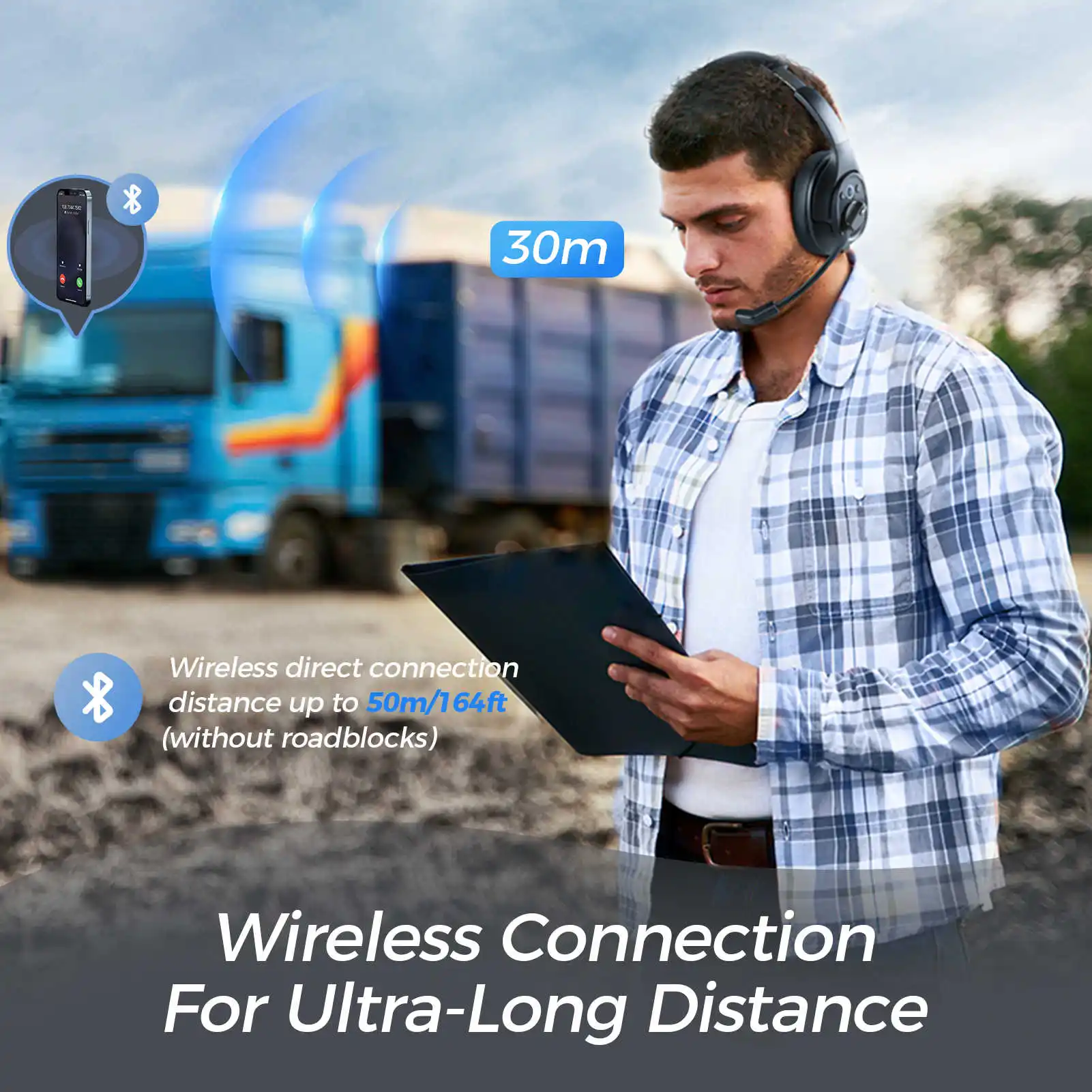 Wireless Headset Bluetooth 5.0 Headphones With Mic ENC Call Noise Cancelling 30H Playtime For Driver Call Center Office
