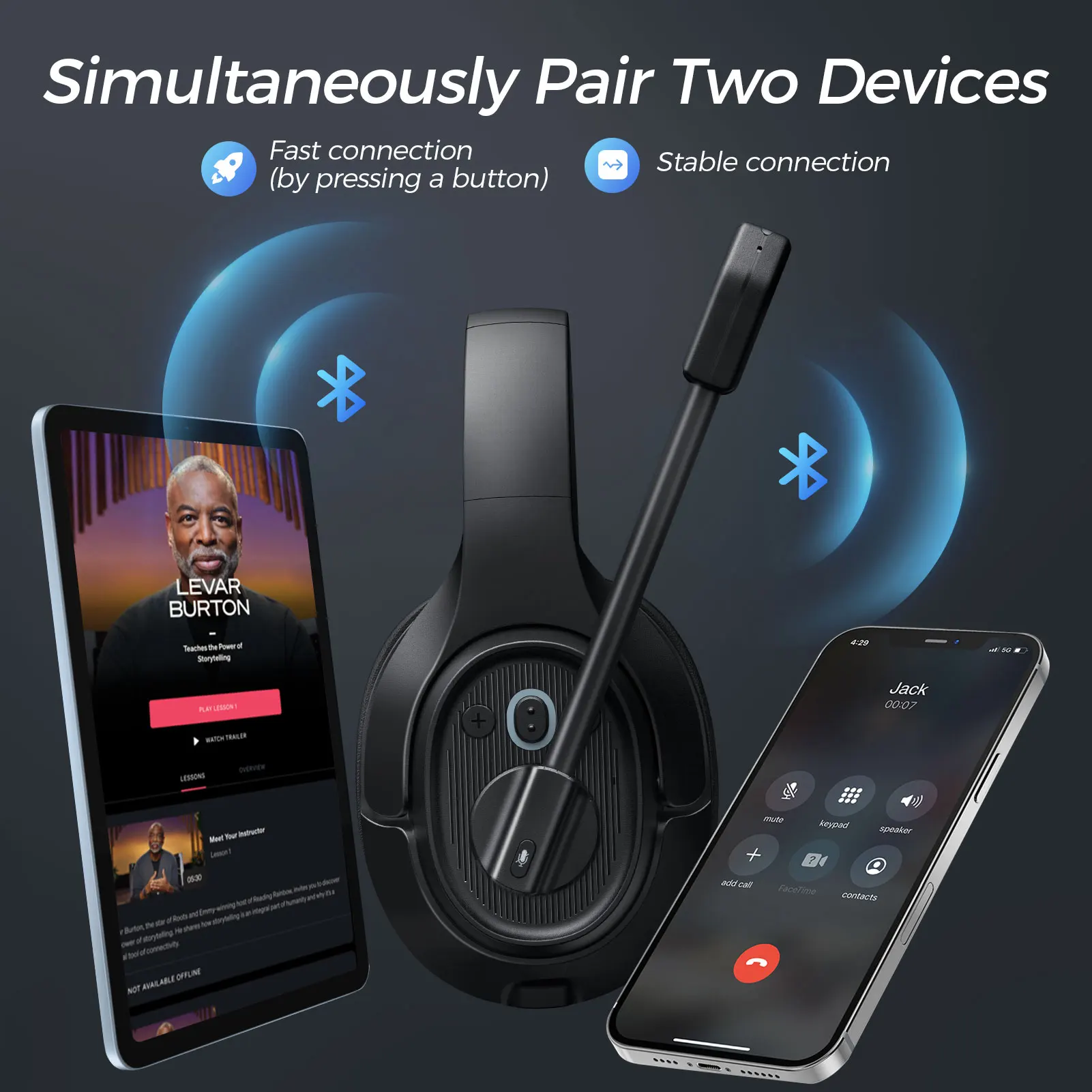 Wireless Headset Bluetooth 5.0 Headphones With Mic ENC Call Noise Cancelling 30H Playtime For Driver Call Center Office