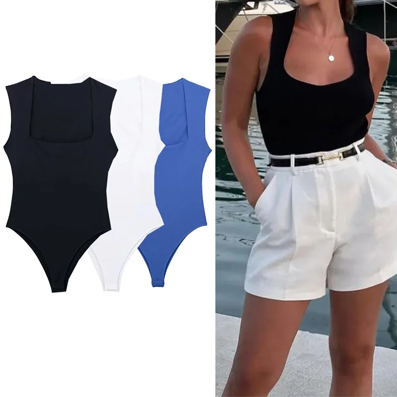 Woman Body Square Neck Sleeveless Bodysuit Women Blue White Sexy Tight Bodysuit Lingerie Bodycon Summer Tops