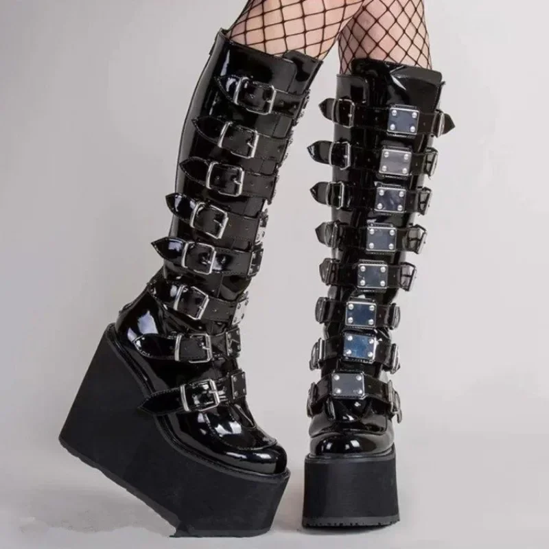Women Boots Cosplay Ladies High Heel Platform Wedges Women High Boots Gothic Buckle Strap Long Tube Leather Female
