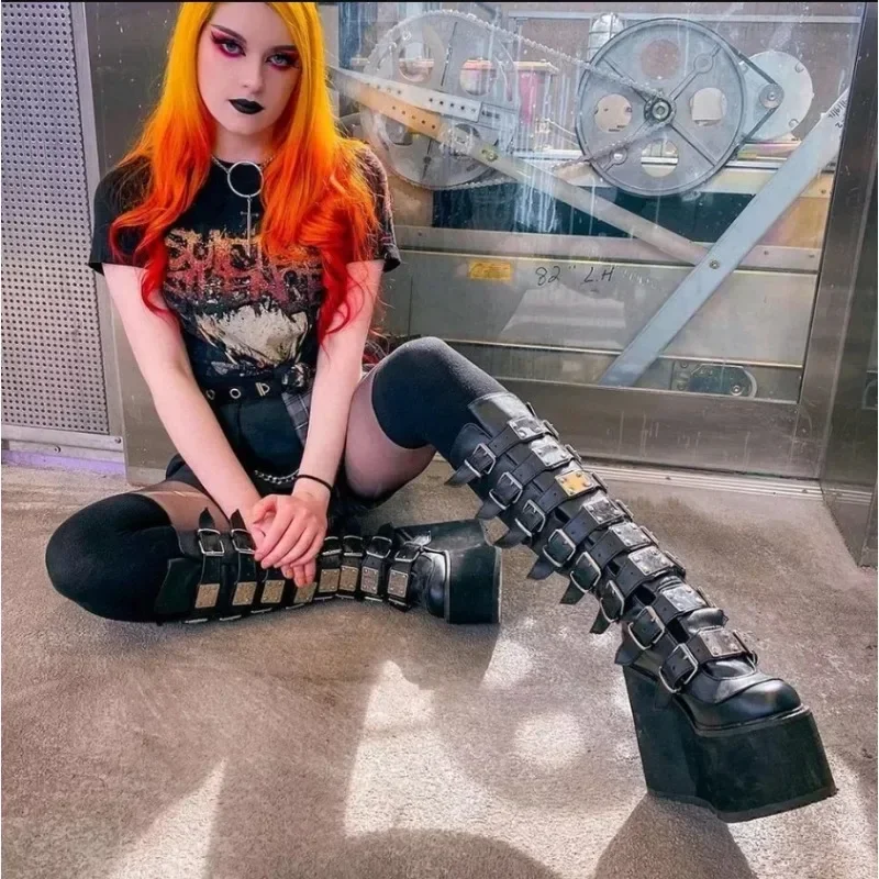 Women Boots Cosplay Ladies High Heel Platform Wedges Women High Boots Gothic Buckle Strap Long Tube Leather Female