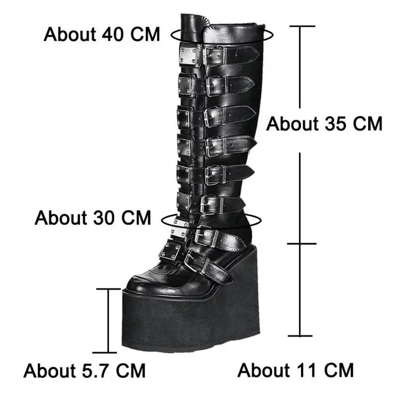 Women Boots Cosplay Ladies High Heel Platform Wedges Women High Boots Gothic Buckle Strap Long Tube Leather Female