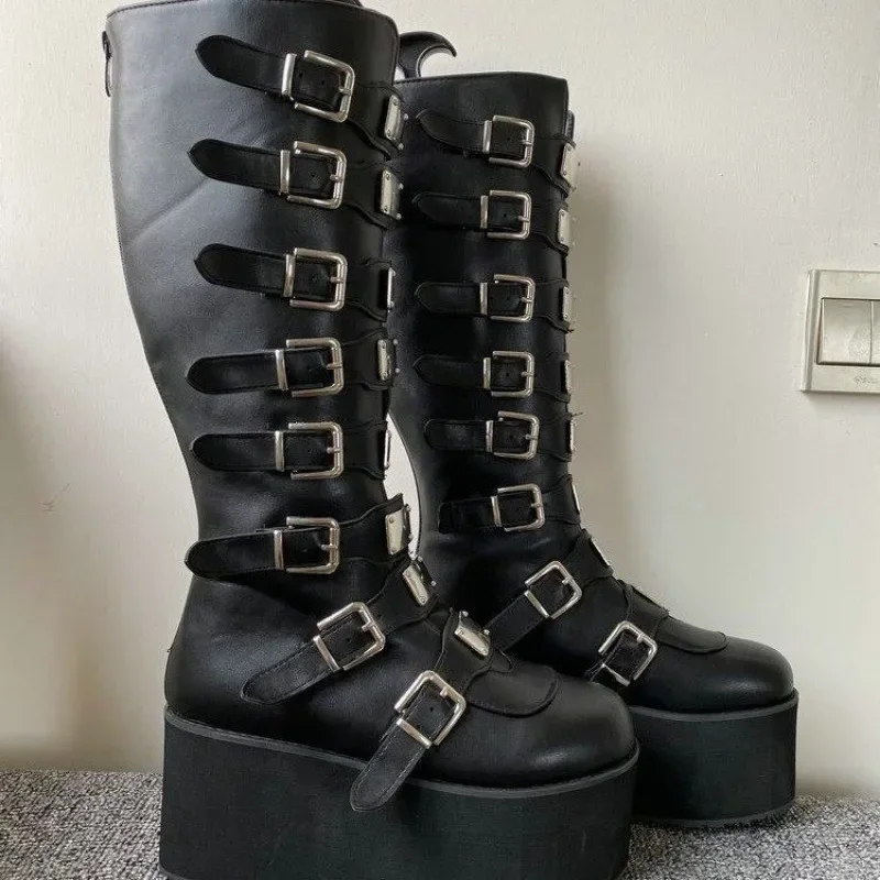 Women Boots Cosplay Ladies High Heel Platform Wedges Women High Boots Gothic Buckle Strap Long Tube Leather Female
