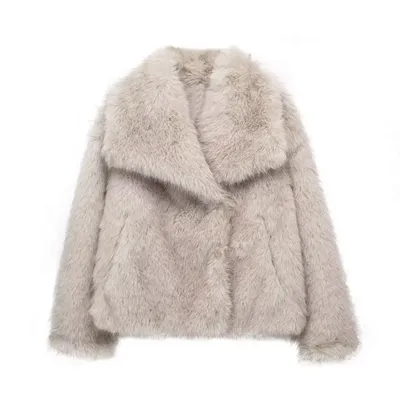 Women Fashion Cropped Faux Fur Jacket Coat Long Sleeve Front Snap-button Female Outerwear Chic Lapel Collar Thick Coat Women Fashion Cropped Faux Fur Jacket Coat Long Sleeve Front Snap-button Female Outerwear Chic Lapel Collar Thick Coat