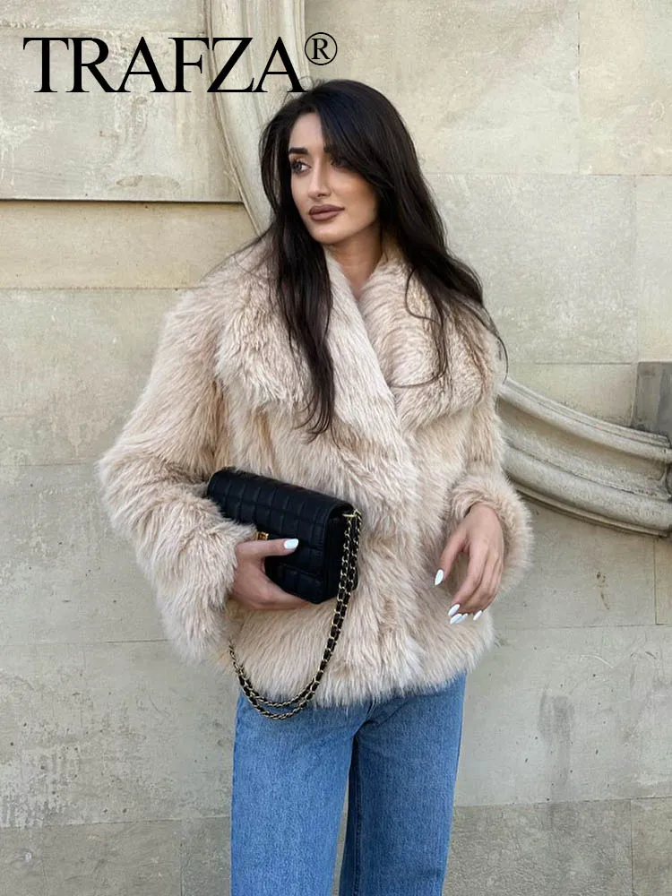 Women Fashion Cropped Faux Fur Jacket Coat Long Sleeve Front Snap-button Female Outerwear Chic Lapel Collar Thick Coat Women Fashion Cropped Faux Fur Jacket Coat Long Sleeve Front Snap-button Female Outerwear Chic Lapel Collar Thick Coat