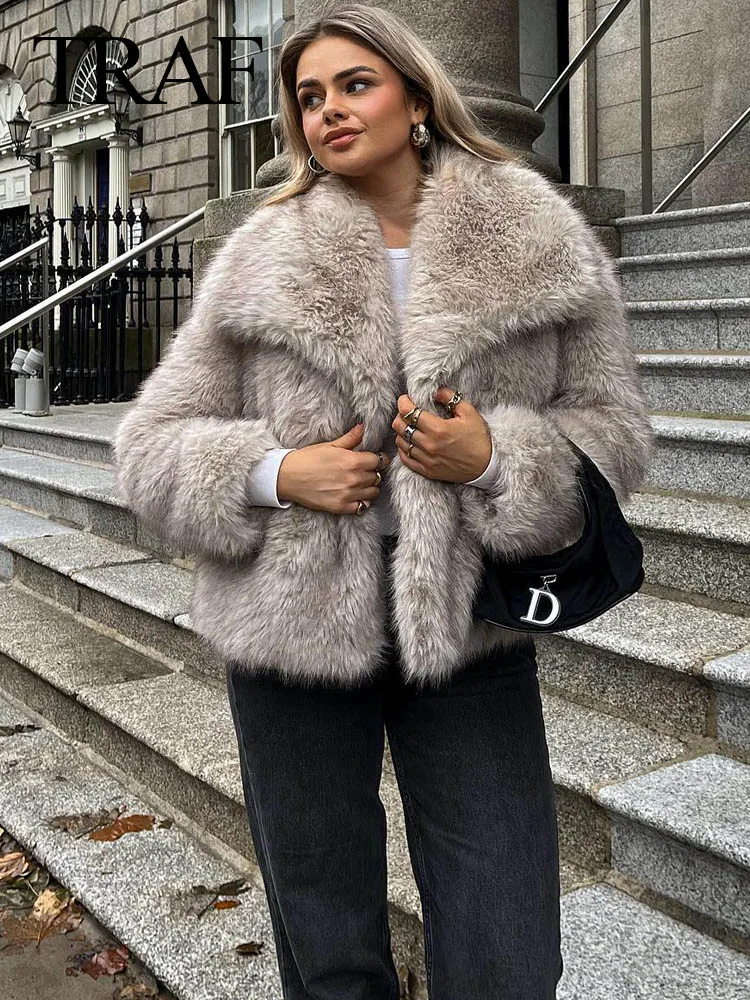 Women Fashion Cropped Faux Fur Jacket Coat Long Sleeve Front Snap-button Female Outerwear Chic Lapel Collar Thick Coat Women Fashion Cropped Faux Fur Jacket Coat Long Sleeve Front Snap-button Female Outerwear Chic Lapel Collar Thick Coat