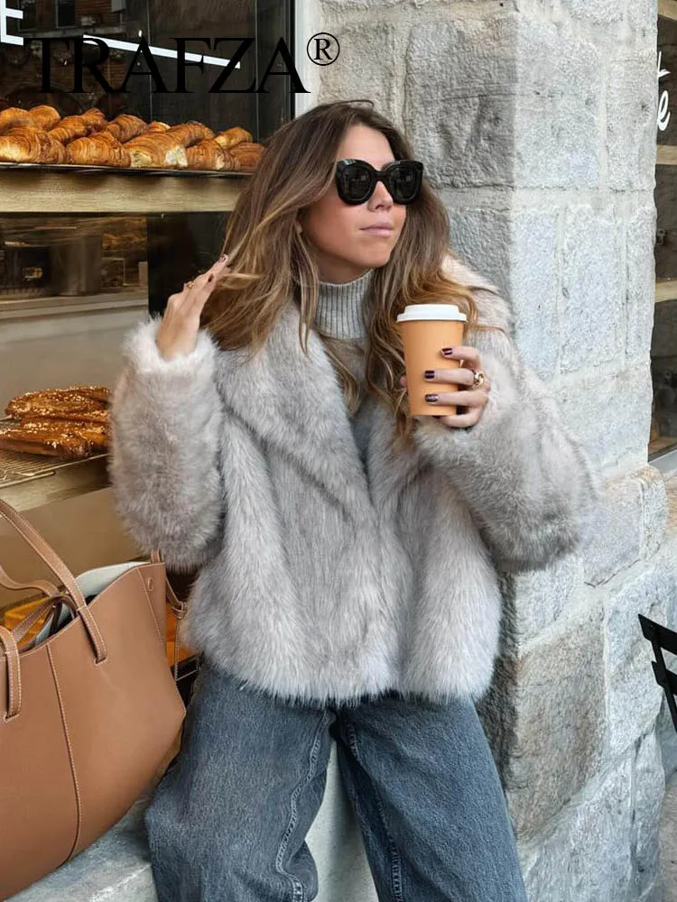 Women Fashion Cropped Faux Fur Jacket Coat Long Sleeve Front Snap-button Female Outerwear Chic Lapel Collar Thick Coat Women Fashion Cropped Faux Fur Jacket Coat Long Sleeve Front Snap-button Female Outerwear Chic Lapel Collar Thick Coat