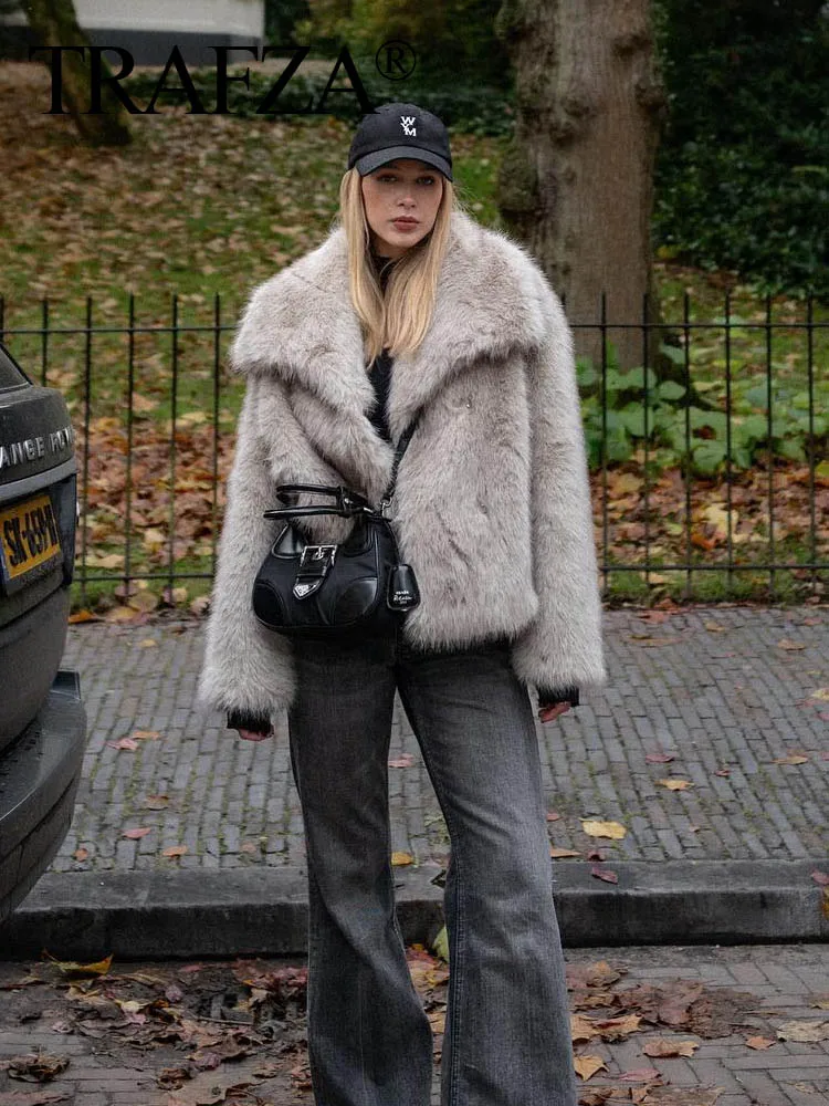 Women Fashion Cropped Faux Fur Jacket Coat Long Sleeve Front Snap-button Female Outerwear Chic Lapel Collar Thick Coat Women Fashion Cropped Faux Fur Jacket Coat Long Sleeve Front Snap-button Female Outerwear Chic Lapel Collar Thick Coat