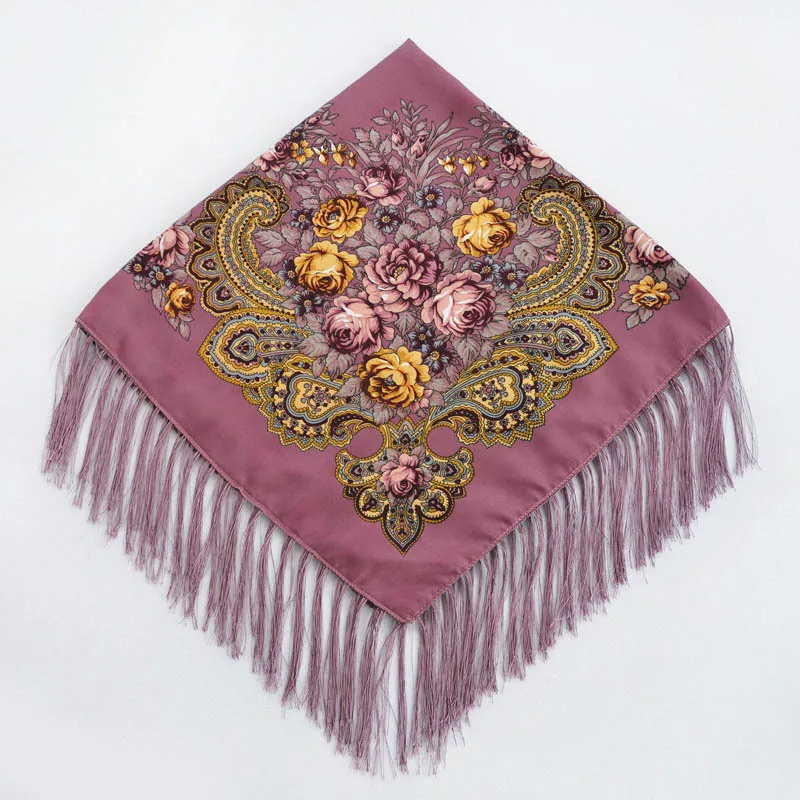 Women Luxury Floral Printed Russian Scarf Ukrainian Fringed Square Scarves Babushka Handkerchief Head Wraps Travel Shawl