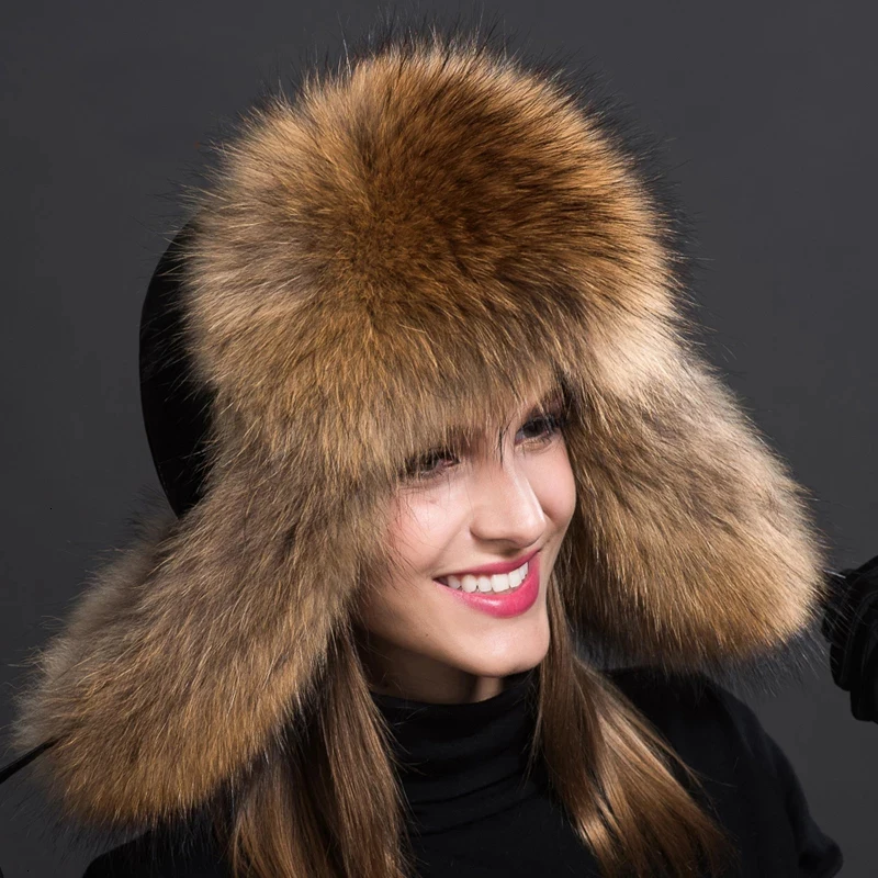 Women Natural Raccoon Fur Caps Ushanka Hats for Winter Thick Warm Ears Fashion Bomber Pom Pom Hat Lady Real Fox Fur Cap Women Natural Raccoon Fur Caps Ushanka Hats for Winter Thick Warm Ears Fashion Bomber Pom Pom Hat Lady Real Fox Fur Cap