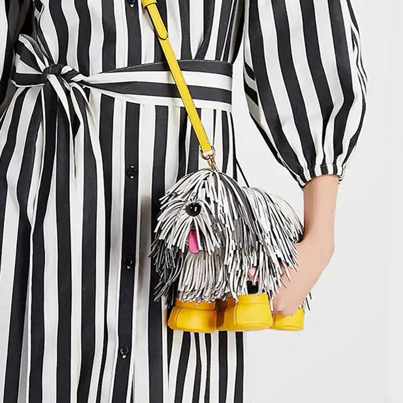 Women Shoulder Bag Funny Tassel Dog Doll Pu Leather Bag Novelty Crossbody Cute Bag