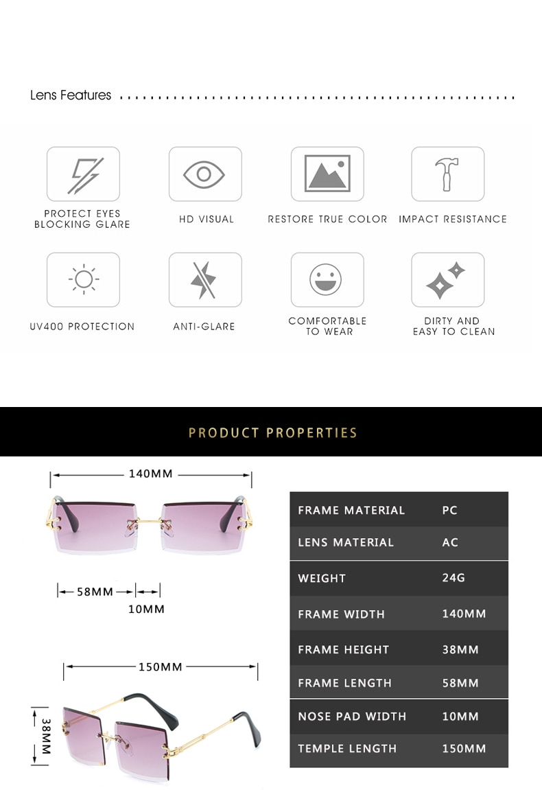 Women Square Rimless Sunglasses UV400 Protection Women Square Rimless Sunglasses UV400 Protection
