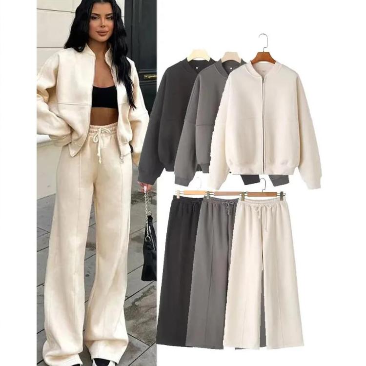 Women Sweatsuit Set Vintage O-neck Zipper Bomber Jackets High Waist Loose Pants Suit Female 2025 Spring Fashion Lady