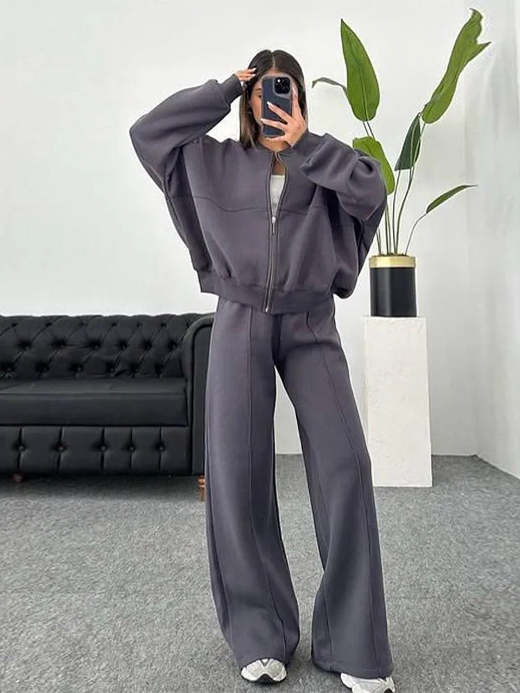 Women Sweatsuit Set Vintage O-neck Zipper Bomber Jackets High Waist Loose Pants Suit Female 2025 Spring Fashion Lady Women Sweatsuit Set Vintage O-neck Zipper Bomber Jackets High Waist Loose Pants Suit Female 2025 Spring Fashion Lady