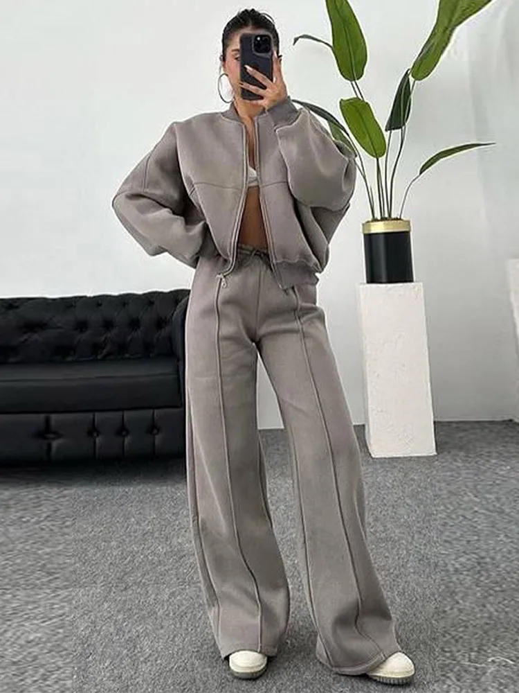 Women Sweatsuit Set Vintage O-neck Zipper Bomber Jackets High Waist Loose Pants Suit Female 2025 Spring Fashion Lady Women Sweatsuit Set Vintage O-neck Zipper Bomber Jackets High Waist Loose Pants Suit Female 2025 Spring Fashion Lady
