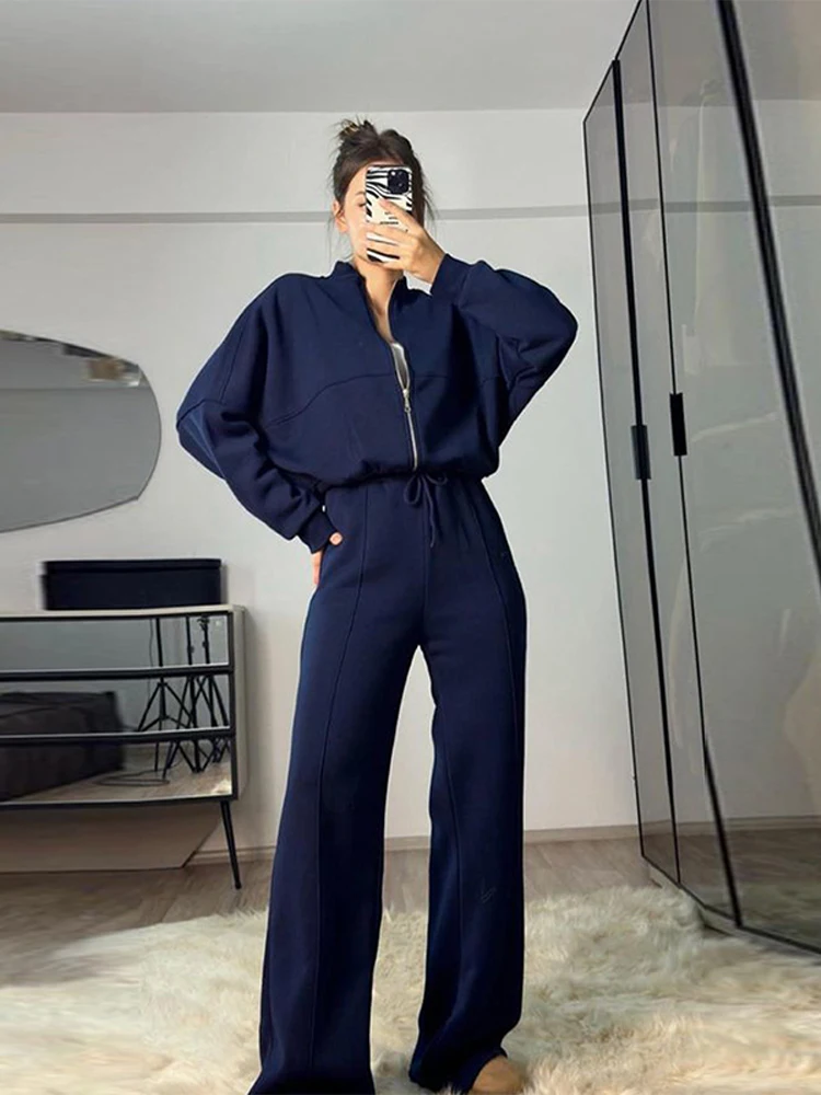 Women Sweatsuit Set Vintage O-neck Zipper Bomber Jackets High Waist Loose Pants Suit Female 2025 Spring Fashion Lady Women Sweatsuit Set Vintage O-neck Zipper Bomber Jackets High Waist Loose Pants Suit Female 2025 Spring Fashion Lady