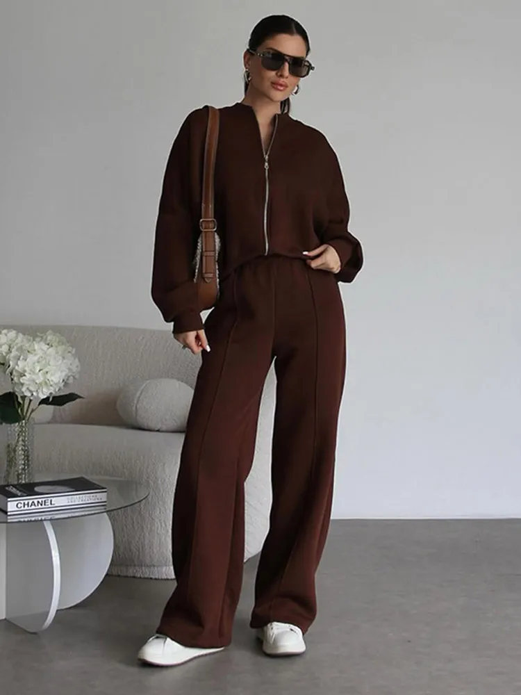 Women Sweatsuit Set Vintage O-neck Zipper Bomber Jackets High Waist Loose Pants Suit Female 2025 Spring Fashion Lady Women Sweatsuit Set Vintage O-neck Zipper Bomber Jackets High Waist Loose Pants Suit Female 2025 Spring Fashion Lady