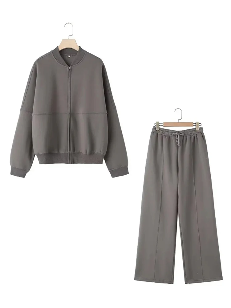 Women Sweatsuit Set Vintage O-neck Zipper Bomber Jackets High Waist Loose Pants Suit Female 2025 Spring Fashion Lady Women Sweatsuit Set Vintage O-neck Zipper Bomber Jackets High Waist Loose Pants Suit Female 2025 Spring Fashion Lady