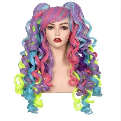 Women Synthetic Hair Long Curly Cosplay Wig Halloween Wigs for Party with 2 Ponytails
