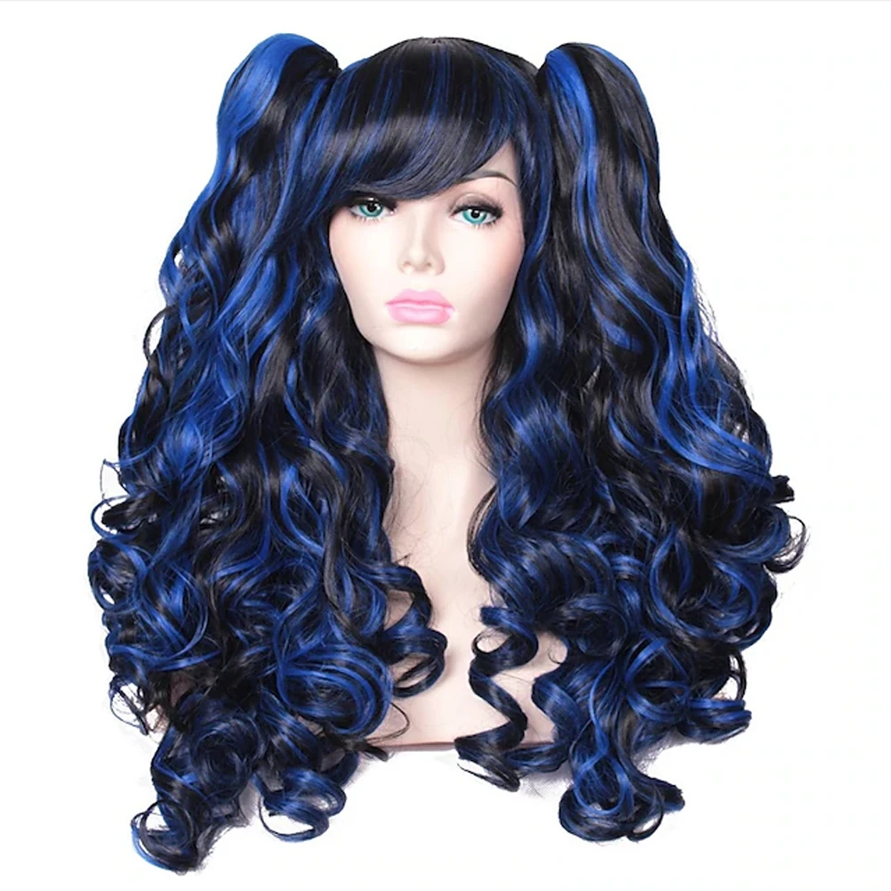 Women Synthetic Hair Long Curly Cosplay Wig Halloween Wigs for Party with 2 Ponytails