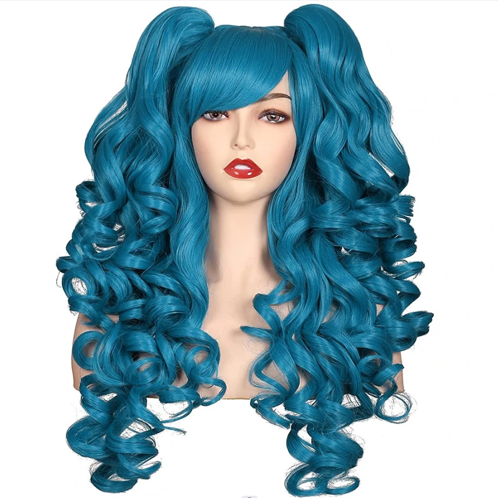 Women Synthetic Hair Long Curly Cosplay Wig Halloween Wigs for Party with 2 Ponytails