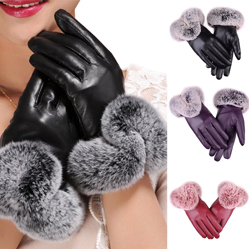 Women Winter Gloves Faux Rabbit PU Leather Touch Screen Mittens Lady Female Outdoor Driving Warm Gloves