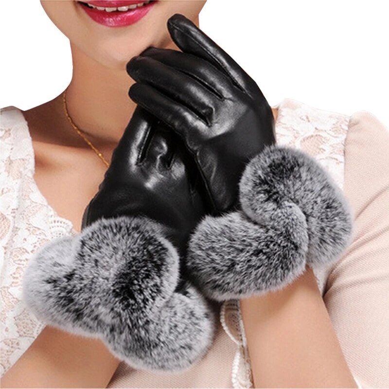 Women Winter Gloves Faux Rabbit PU Leather Touch Screen Mittens Lady Female Outdoor Driving Warm Gloves Women Winter Gloves Faux Rabbit PU Leather Touch Screen Mittens Lady Female Outdoor Driving Warm Gloves