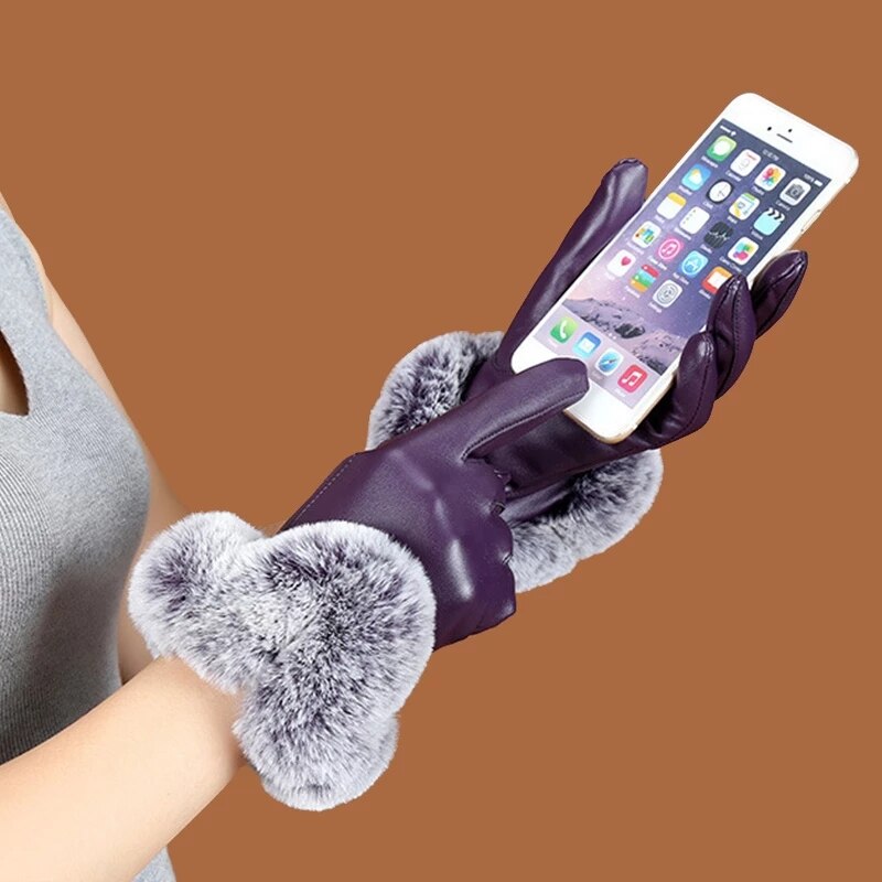 Women Winter Gloves Faux Rabbit PU Leather Touch Screen Mittens Lady Female Outdoor Driving Warm Gloves Women Winter Gloves Faux Rabbit PU Leather Touch Screen Mittens Lady Female Outdoor Driving Warm Gloves