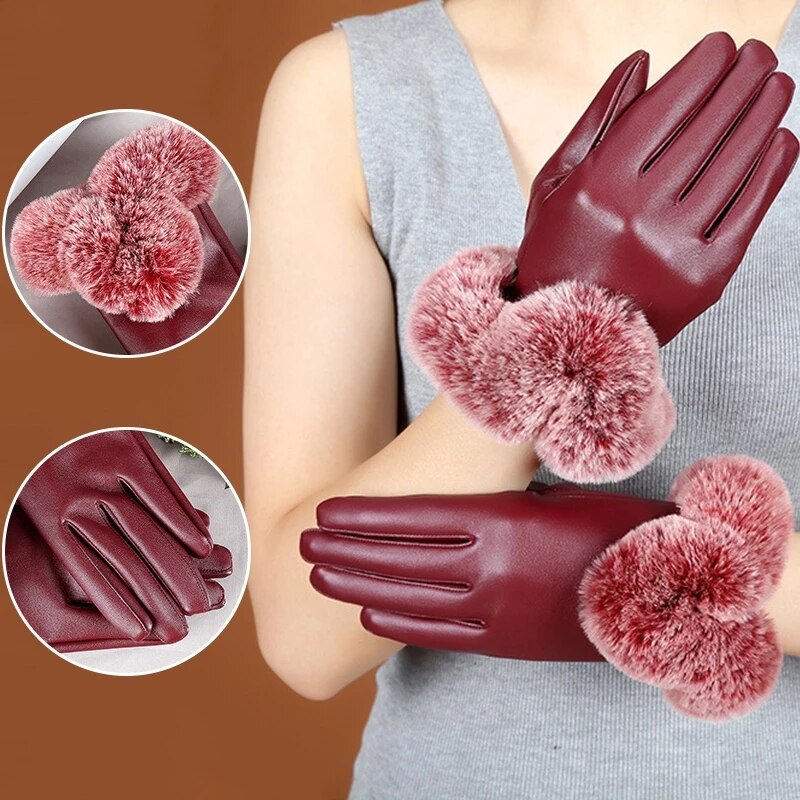 Women Winter Gloves Faux Rabbit PU Leather Touch Screen Mittens Lady Female Outdoor Driving Warm Gloves Women Winter Gloves Faux Rabbit PU Leather Touch Screen Mittens Lady Female Outdoor Driving Warm Gloves