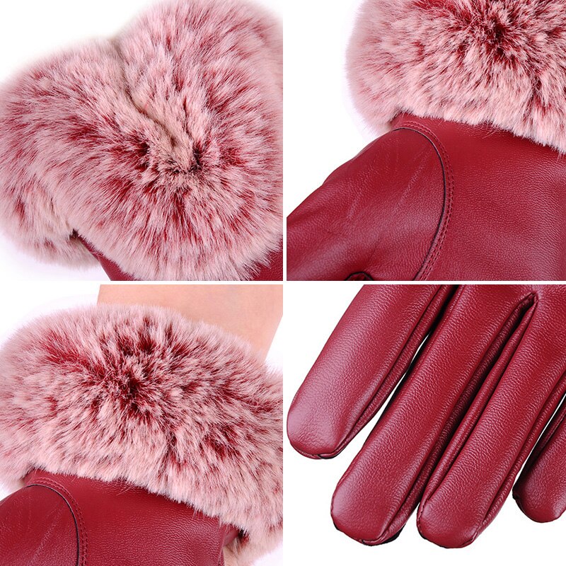 Women Winter Gloves Faux Rabbit PU Leather Touch Screen Mittens Lady Female Outdoor Driving Warm Gloves Women Winter Gloves Faux Rabbit PU Leather Touch Screen Mittens Lady Female Outdoor Driving Warm Gloves