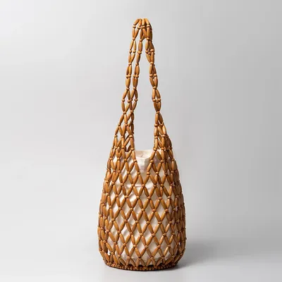 Women Woven Hand Bag Summer Design Hollow-Out Wooden Bead Tote Bucket Shoulder Bag Female Reticulate Netted Canvas