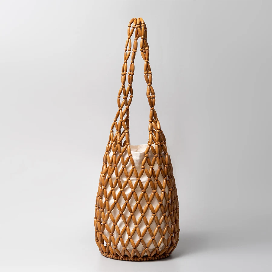 Women Woven Hand Bag Summer Design Hollow-Out Wooden Bead Tote Bucket Shoulder Bag Female Reticulate Netted Canvas Women Woven Hand Bag Summer Design Hollow-Out Wooden Bead Tote Bucket Shoulder Bag Female Reticulate Netted Canvas