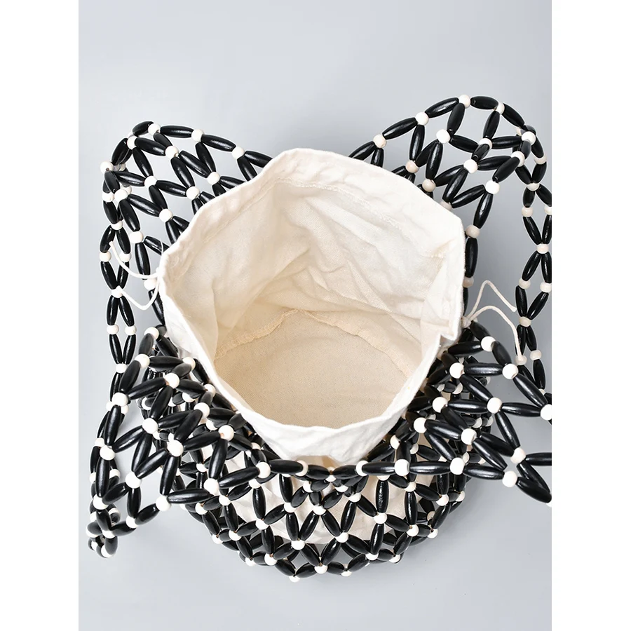Women Woven Hand Bag Summer Design Hollow-Out Wooden Bead Tote Bucket Shoulder Bag Female Reticulate Netted Canvas