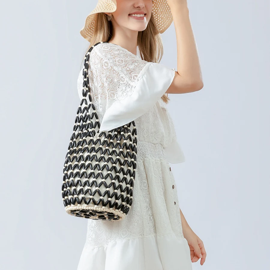 Women Woven Hand Bag Summer Design Hollow-Out Wooden Bead Tote Bucket Shoulder Bag Female Reticulate Netted Canvas