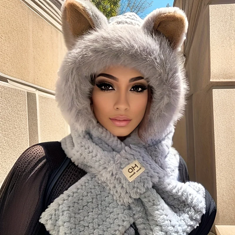 Women's Cat Ear Hat with Pom-Pom, Soft Fleece Lined Winter Beanie for Christmas Gift, Cute Animal Themed Festival Cap Women's Cat Ear Hat with Pom-Pom, Soft Fleece Lined Winter Beanie for Christmas Gift, Cute Animal Themed Festival Cap