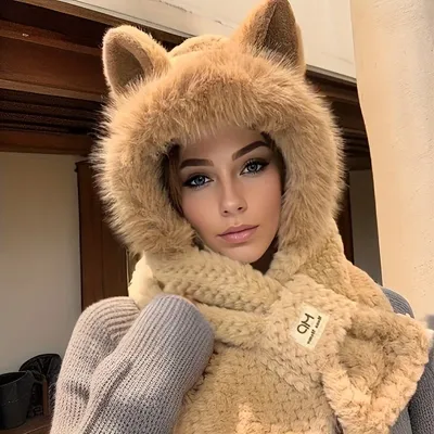 Women's Cat Ear Hat with Pom-Pom, Soft Fleece Lined Winter Beanie for Christmas Gift, Cute Animal Themed Festival Cap