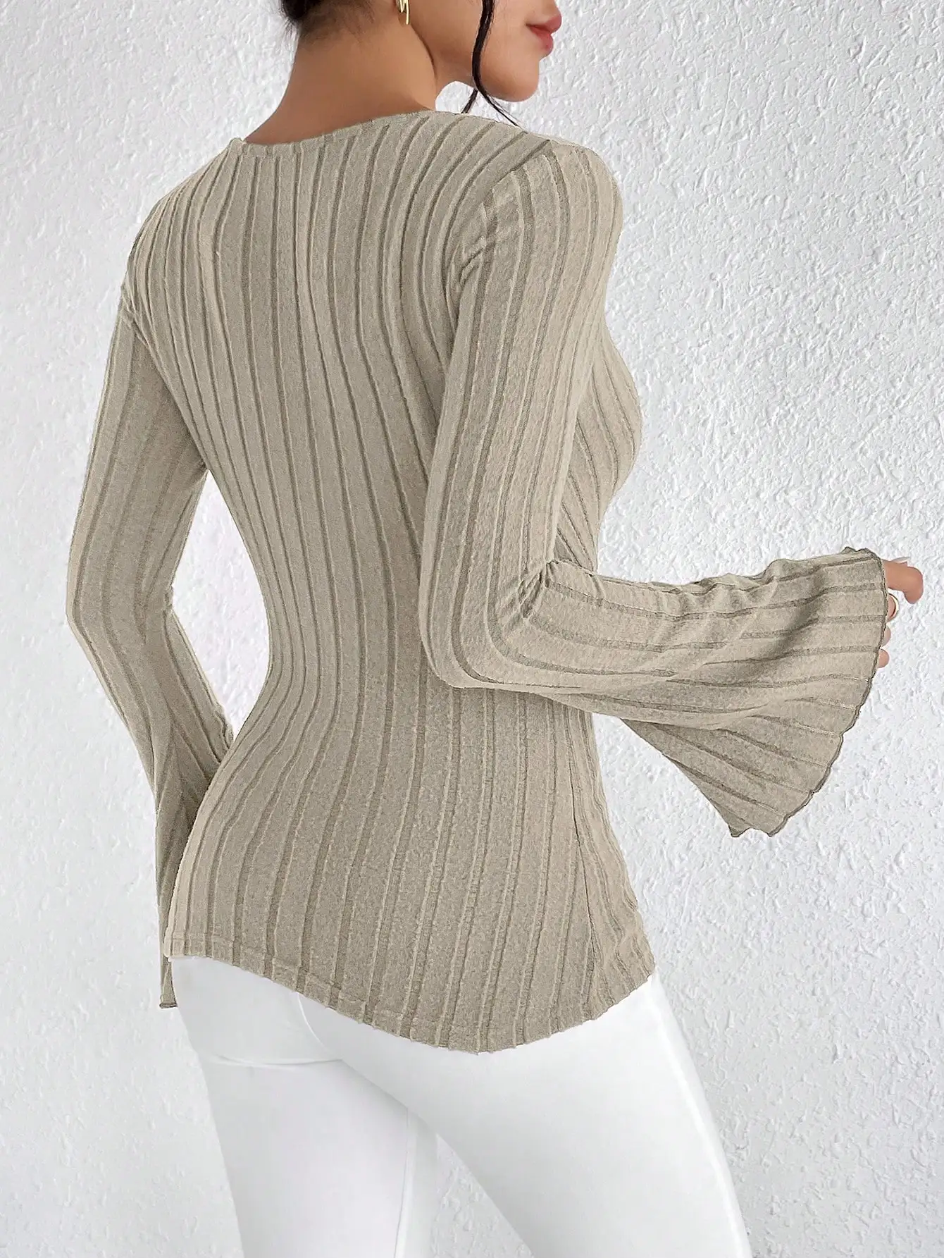 Women's Fall and Winter Long-sleeved Tops, V-neck Sexy Slim Striped Women's Tops, Long-sleeved T-shirt Knitted