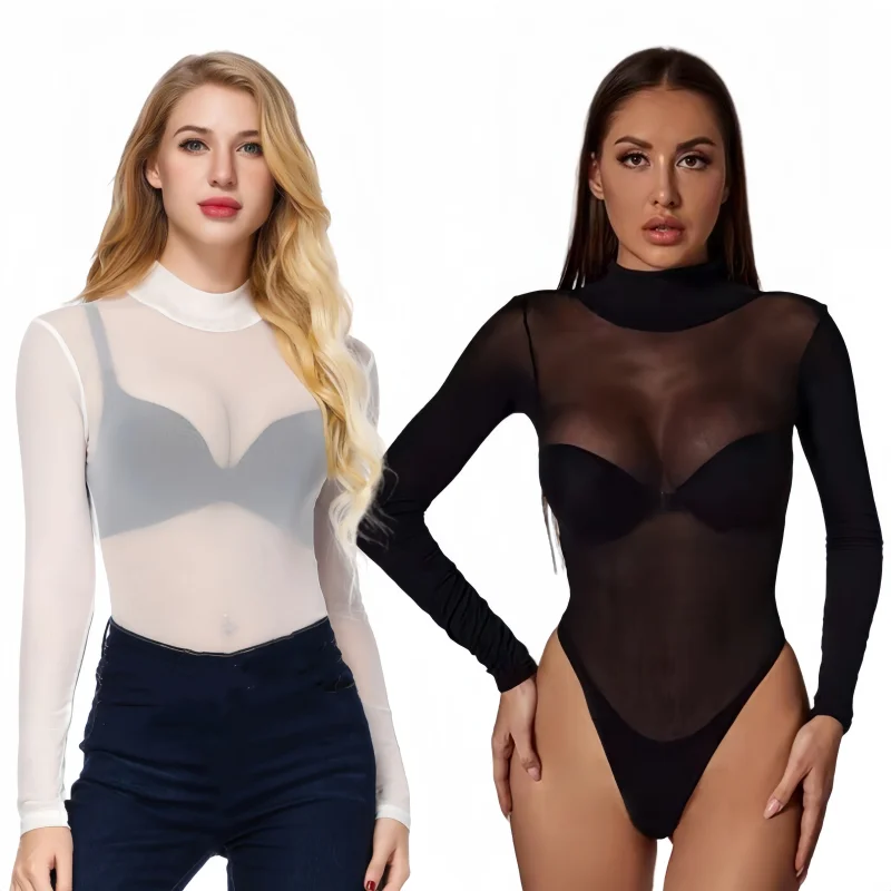 Women's One-pieces Bodysuits Tops Lingerie Mesh See Through Sexy Black Bodycon Bodysuit Top for Women