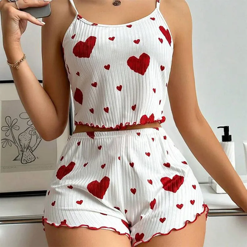 Women's Pajamas Set Sleepwear 2 PCS Short Tank Tops And Shorts S M L White Ventilate Soft Casual Love Printing Women's Pajamas Set Sleepwear 2 PCS Short Tank Tops And Shorts S M L White Ventilate Soft Casual Love Printing