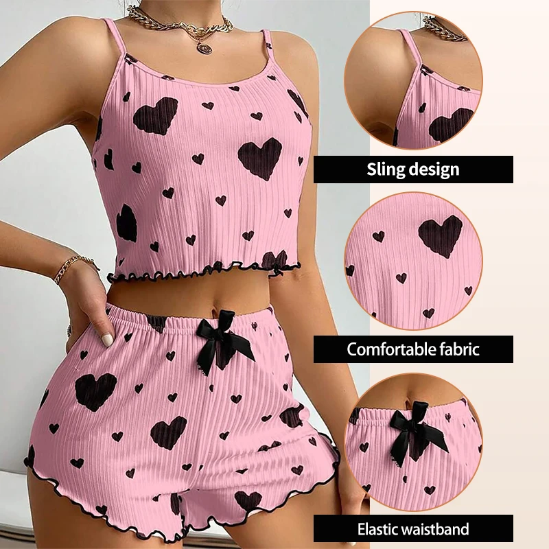 Women's Pajamas Set Sleepwear 2 PCS Short Tank Tops And Shorts S M L White Ventilate Soft Casual Love Printing Women's Pajamas Set Sleepwear 2 PCS Short Tank Tops And Shorts S M L White Ventilate Soft Casual Love Printing