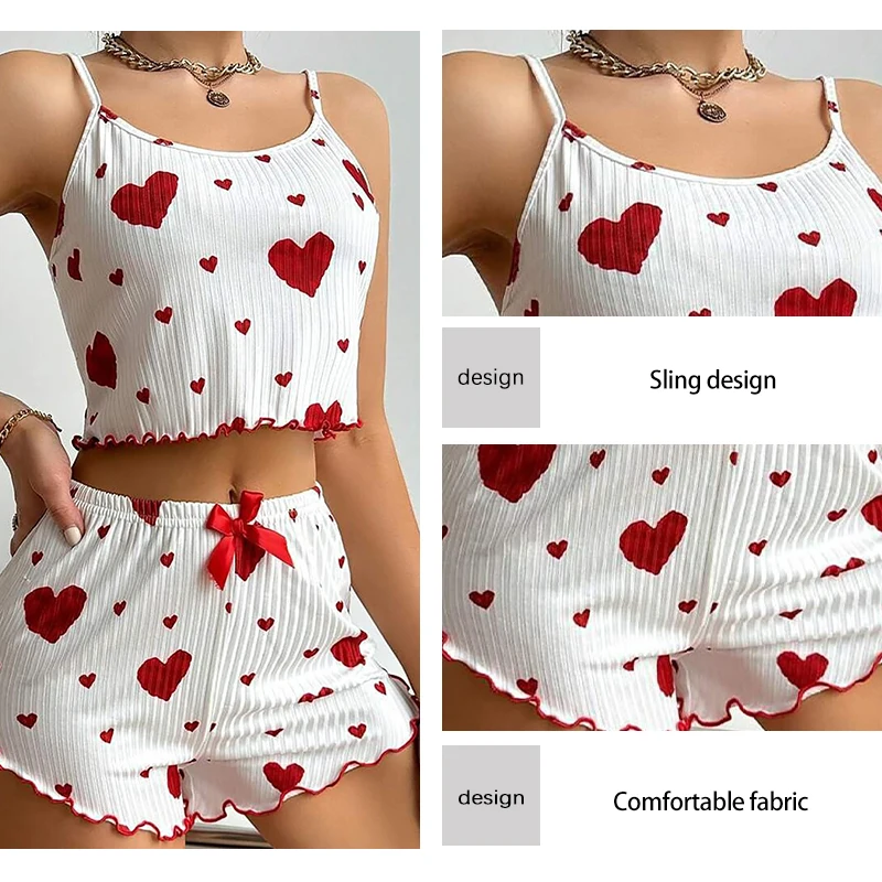 Women's Pajamas Set Sleepwear 2 PCS Short Tank Tops And Shorts S M L White Ventilate Soft Casual Love Printing Women's Pajamas Set Sleepwear 2 PCS Short Tank Tops And Shorts S M L White Ventilate Soft Casual Love Printing