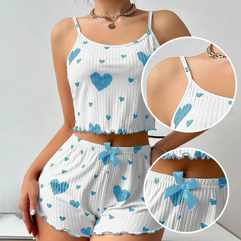 Women's Pajamas Set Sleepwear 2 PCS Short Tank Tops And Shorts S M L White Ventilate Soft Casual Love Printing Women's Pajamas Set Sleepwear 2 PCS Short Tank Tops And Shorts S M L White Ventilate Soft Casual Love Printing