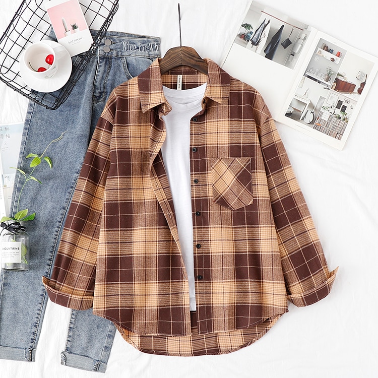 Womens Plaid Shirt Printed Long Sleeve Top