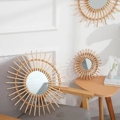 Wood Circle Mirror Hanging Decor