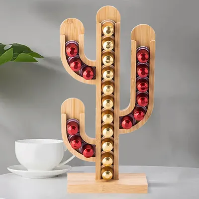 Wood Coffee Capsule Holder Cactus Shape Dispenser for Home Office Restaurant Coffee Pods Dispensing Tower Stand for