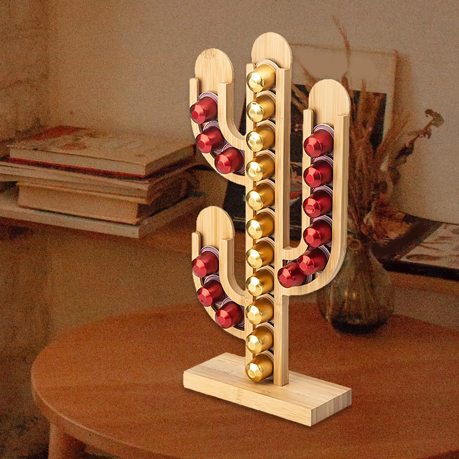Wood Coffee Capsule Holder Cactus Shape Dispenser for Home Office Restaurant Coffee Pods Dispensing Tower Stand for